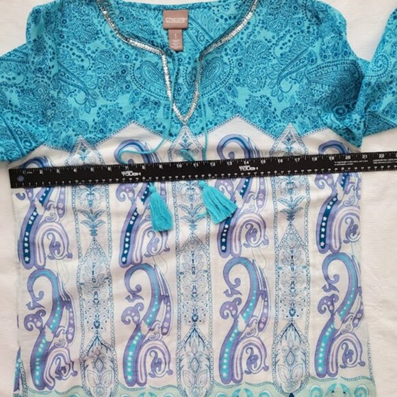 Chicos Lightweight Turquoise 3/4 Sleeve Boho Print Tunic Top Tassels Size M - Picture 6 of 9